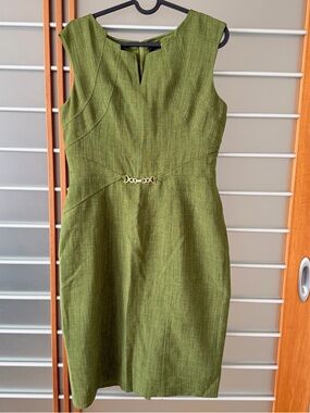 Ellen Tracy Olive Green Midi Sheath Dress with Waist Accent